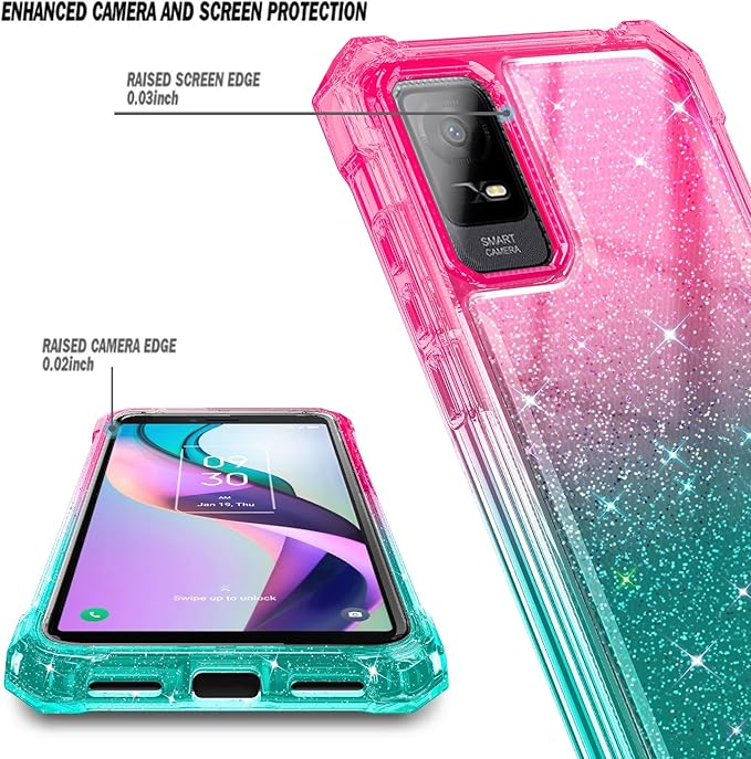 NZND Designed for TCL ION X Case, TCL ION V with [Built-in Screen Protector], Full-Body Protective Shockproof Rugged Bumper Cover, Impact Resist Case (Glitter Pink/Aqua)