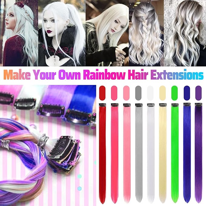 12 PCS White Hair Extensions Clip in, Colored Party Highlights Extension for Kids Girls Synthetic Hairpiece Straight 22 inch