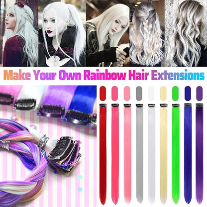 12 PCS White Hair Extensions Clip in, Colored Party Highlights Extension for Kids Girls Synthetic Hairpiece Straight 22 inch