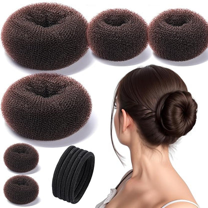 Teenitor Donut Hair Bun Maker Set, Hair Bun Shaper Set with Large, Medium, Small Hair Donuts For Buns, Hair Accessories For Girls, 5 Elastic Bands, Dark Brown