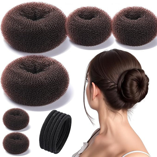 Teenitor Donut Hair Bun Maker Set, Hair Bun Shaper Set with Large, Medium, Small Hair Donuts For Buns, Hair Accessories For Girls, 5 Elastic Bands, Dark Brown