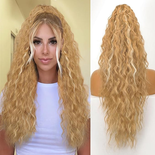 ORSUNCER Ponytail Extension Claw 26" Curly Pony Tail Clip in Claw Hair Extensions Fluffy Natural Looking Synthetic Hairpiece for Women Medium Blonde Highlights