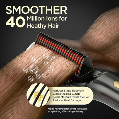 Hair Straightener Brush, Negative Ion Flat Iron & Straightening Comb 2 in 1 with Convenient Comb, Fast Heating, Anti-Scalding, 30s Fast Heating, 5 Temp Settings 284℉ - 392℉ (Gold Gray)