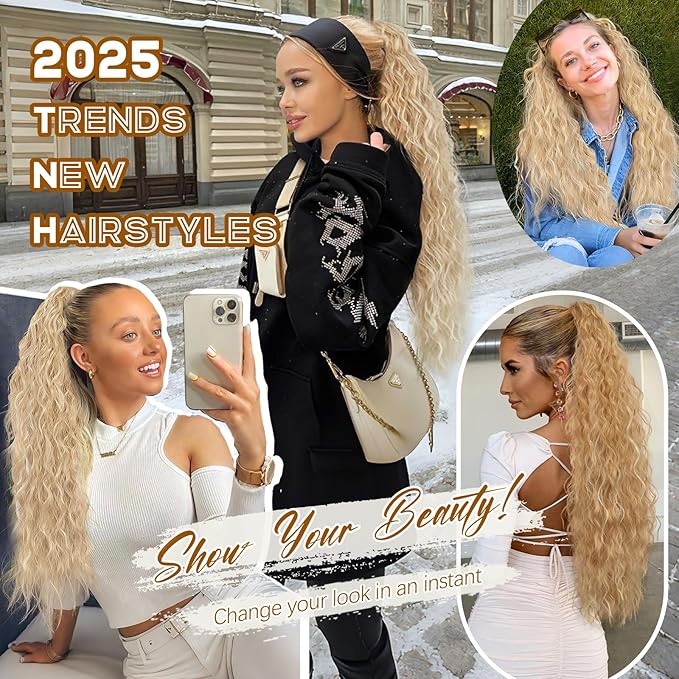 ORSUNCER Ponytail Extension Claw 30" Curly Pony Tail Clip in Claw Hair Extensions Fluffy Natural Looking Synthetic Hairpiece for Women Blonde Highlight