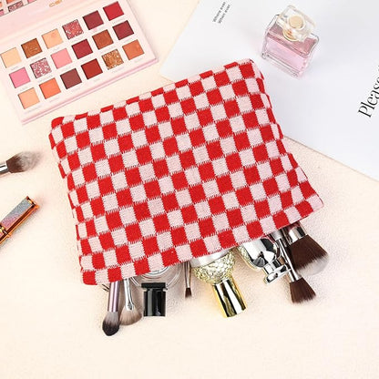 2 Pcs Checkered Makeup Bag Large Cosmetic Bag Toiletry Bag Makeup Pouch Travel Bag Organizer Cute Makeup Brushes Aesthetic Accessories Storage Bag for Women Red