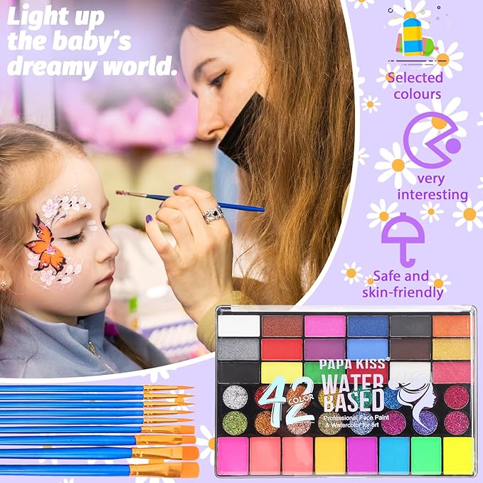 42 Color Face Painting Kit for Kids, Water Activated Face Paint Kit, Safe for Sensitive Skin Easy to Use, With Stencils & Brushes, Facepaint Makeup Kit for Parties, Birthdays, Halloween