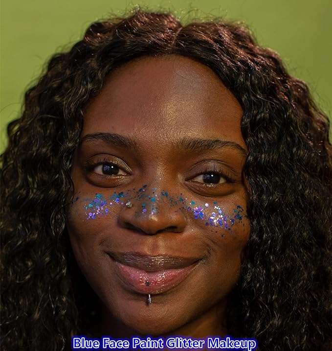 Go Ho Blue Face Body Glitter Gel,Singer Concerts Blue Face Paint Glitter Makeup,Holographic Chunky Sequins Glitters for Eye Lip Hair Nails,Festival Rave Accessories,52g