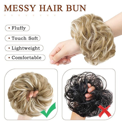 MORICA 1PCS Messy Hair Bun Hair Scrunchies Extension Curly Wavy Messy Synthetic Chignon for Women (27h613(Honey Blonde & Lightest Blonde))
