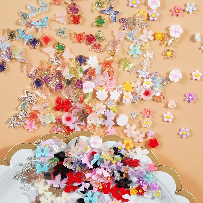 3D Butterfly Flower Nail Charms Acrylic Colorful Flowers Nail Charms with Starry AB Crystals Rhinestones Multi Sizes Pearls 2 Piece Set