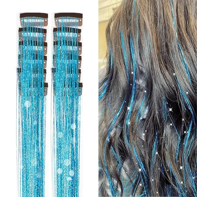 12Pcs Hair Tinsel Clip in Glitter Tinsel Hair Extensions 19.6Inch Clip in Hair Tinsel Kit Heat Resistant Shiny Sparkly Fairy Hair Accessories for Women Girls Kids (Sky Blue)