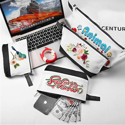 10 Pieces Cotton Canvas Makeup Bag with Bottom and Strap, Multi-Purpose Cosmetic Bag with Zipper Travel Toiletry Pouch, Blank DIY Craft Bag (White&Black, M)