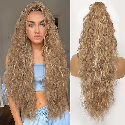 ORSUNCER Ponytail Extension Claw 30" Curly Pony Tail Clip in Claw Hair Extensions Fluffy Natural Looking Synthetic Hairpiece for Women Blonde Highlight