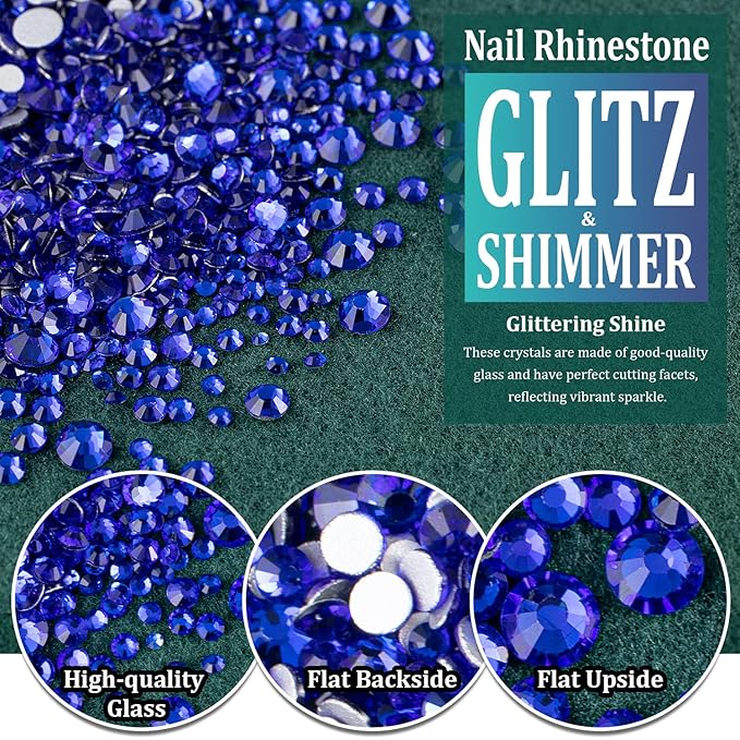 6 Sizes Royal Blue Glass Crystal Kit with Pickup Pen + Tweezer Tools for Shine Nail Art Manicure Makeup DIY Decoration Flatback Round Rhinestone Gem Jewelry Diamond