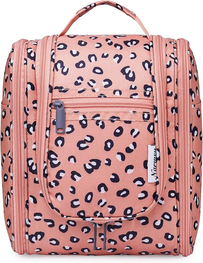 Narwey Small Hanging Cheetah Toiletry Bag Women Travel Makeup Bag Organizer Toiletries Bag for Travel Size Essentials Accessories Cosmetics (Medium, Orange Leopard)