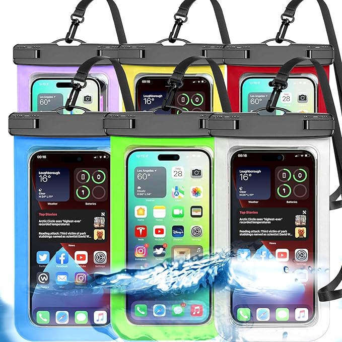 6 Pack Multicolor Universal Waterproof Phone Pouch, Large Phone Waterproof Case Dry Bag (Protection Level: IP68) Outdoor for Apple iPhone,Samsung,and up to 7.5" (White,Blue,Red,Purple,Yellow,Green)