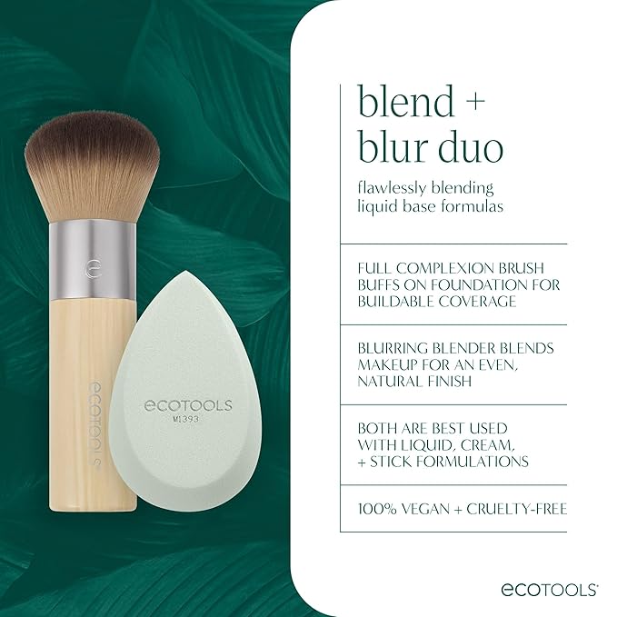 EcoTools Blend + Blur Makeup Brush and Sponge Duo, Makeup Blender Sponge & Foundation Brush, For Liquid & Cream Makeup, Cloud Skin, Eco Friendly, Latex-Free, Cruelty Free, & Vegan, 2 Piece Set