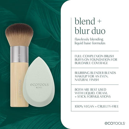 EcoTools Blend + Blur Makeup Brush and Sponge Duo, Makeup Blender Sponge & Foundation Brush, For Liquid & Cream Makeup, Cloud Skin, Eco Friendly, Latex-Free, Cruelty Free, & Vegan, 2 Piece Set