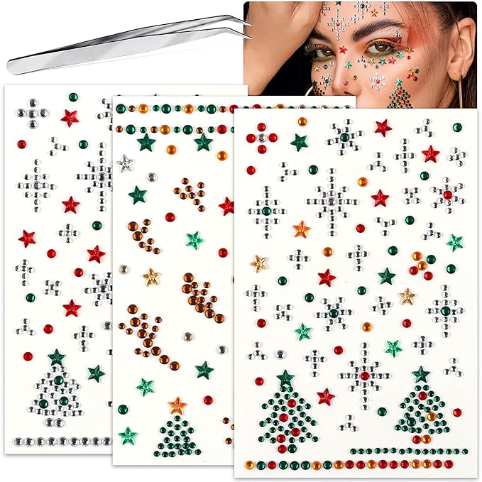 3 Sheet Christmas Face Gems Hair Gems, Self-Adhesive Face Jewels Eye Jewels Rhinestones DIY Face Gems Stick on, Halloween Makeup Gems Rave Accessories for Face Eyes Body Makeup, Crafts