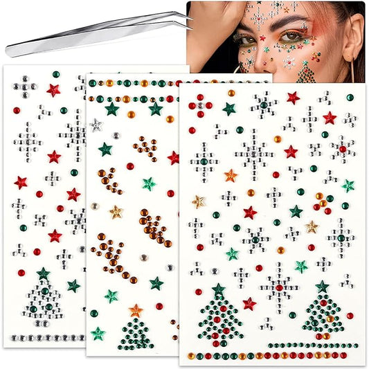 3 Sheet Christmas Face Gems Hair Gems, Self-Adhesive Face Jewels Eye Jewels Rhinestones DIY Face Gems Stick on, Halloween Makeup Gems Rave Accessories for Face Eyes Body Makeup, Crafts