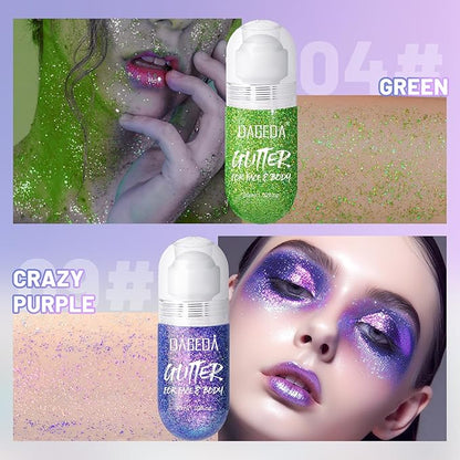 DAGEDA 2Colors Roll-on Body Glitter Gel for Body, Hair, Face, Holographic Glitter Makeup for Rave Accessories, Body Shimmer for Halloween Makeup(Green + Purple)