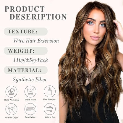 MORICA Invisible Wire Hair Extensions - 20 Inch Mixed Brown Long Wavy Synthetic Hairpiece with Transparent Wire Adjustable Size, 4 Secure Clips for Women