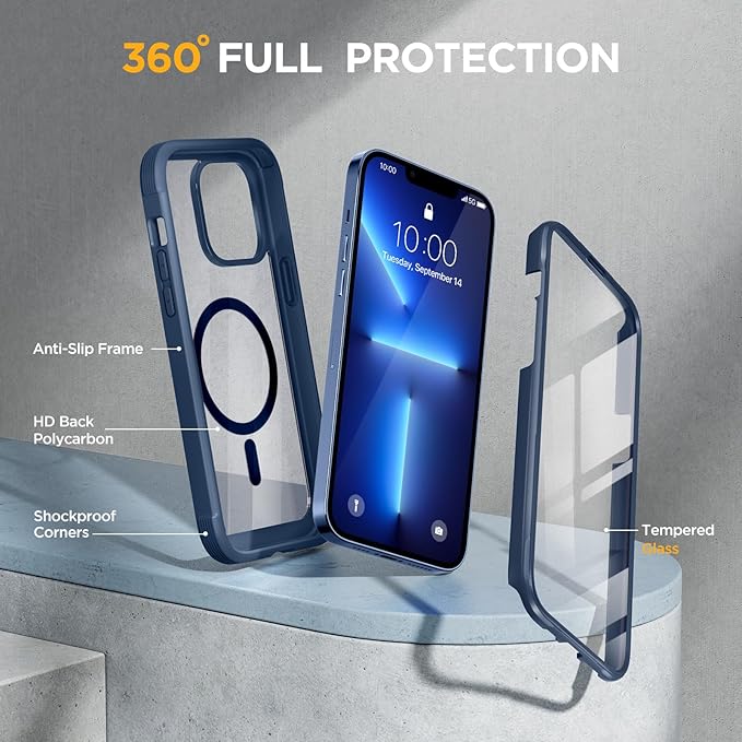 Miracase Magnetic Glass for iPhone 13 Pro Case,Compatible with MagSafe,Full-Body Bumper with Shockproof Military-Grade,Built-in 9H Tempered Glass Screen Protector for iPhone 13 Pro,Dark Blue