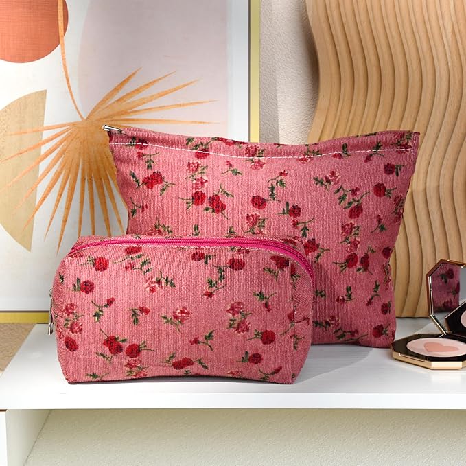 2 Pieces Rose Makeup Bag Large Cosmetic Bag Capacity Canvas Mix Travel Toiletry Bag Organizer Cute Makeup Brushes Aesthetic Accessories Storage Bag for Women, Rose Mix Green Red