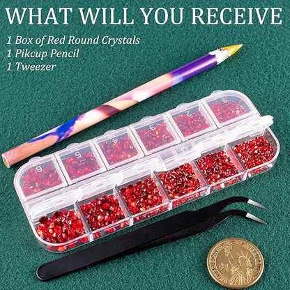 6 Sizes Red Glass Crystal Kit with Pickup Pen + Tweezer Tools for Shine Nail Art Manicure Makeup DIY Decoration Flatback Round Rhinestone Gem Jewelry Diamond