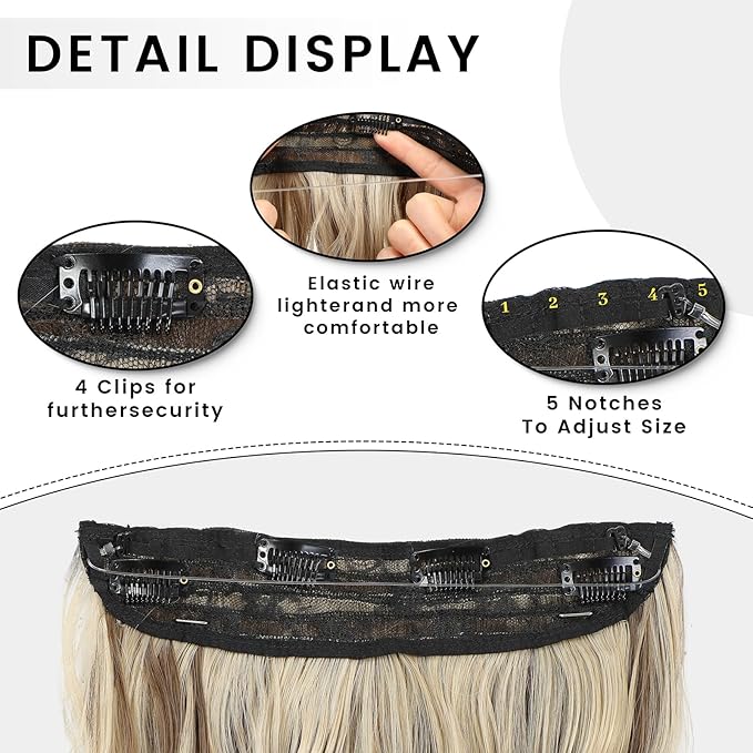 16 Inch Invisible Wire Hair Extension Long Wavy Hair Extensions for Women Mix Brown and Blonde Highlight Adjustable Size Hairpiece 4 Clips in Hair Extension