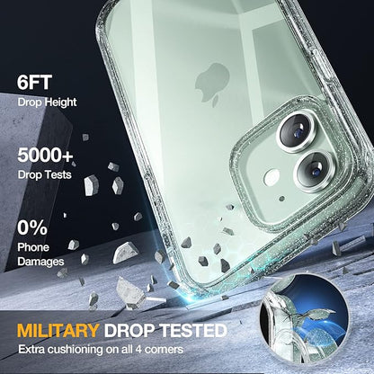 Miracase Glass Series for iPhone 12/12 Pro - Full-Body Rugged Protective Case with Built-in 9H Tempered Glass Screen Protector and Camera Lens Protector - Glitter Clear