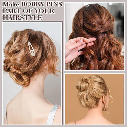 368 Pcs Brown Bobby Pins Hair Pins - 100 Bobby Pins Brown Hair 100 Hair Pins for Women 160 Hair Rubber Bands 4 Hair Clips 4 Hair Nets for Buns with Box