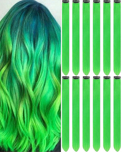 12 PCS Green Hair Extensions Clip in, 22 Inch Colored Hair Accessories Party Highlights Long Straight Synthetic Hairpieces for Women Kids Girls