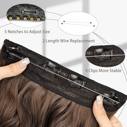 MORICA Halo Hair Extensions 20 Inch Medium Brown Invisible Wire Hair Extensions,Long Wavy Synthetic Hairpiece with Transparent Wire Adjustable Size, 4 Secure Clips for Women