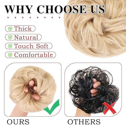 MORICA 1PCS Messy Hair Bun Hair Scrunchies Extension Curly Wavy Messy Bun Hair Synthetic Chignon Hairpieces for Women(22/613#(Pale Golden Blonde & Bleach Blonde Mixed))