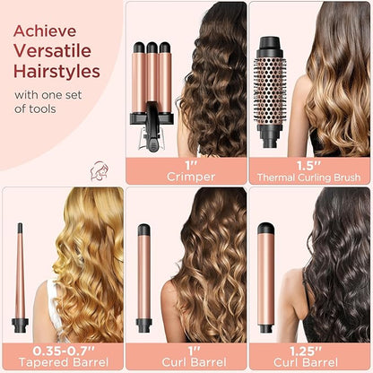 5 in 1 Curling Iron Curling Wand, Curling Iron Set with A Thermal Brush, A 3-Barrel Hair Crimper Iron, 3 Ceramic Curling Irons (0.35 "-1.25"), 2 Temps 30S Fast Heat Hair Curler Waver with Glove & Clip
