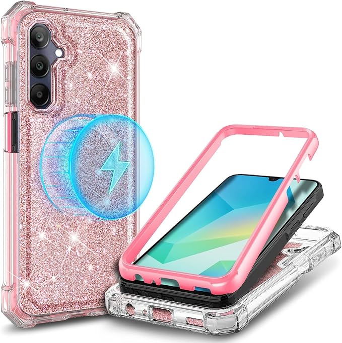 Designed for Samsung Galaxy A36-5G Phone Case, Magnetic Compatible with MagSafe, [Raised Corners Drop Protection] Shockproof Protective Bumper Cover (Glitter Rose Gold)