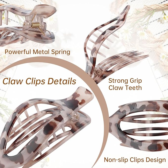 French Concord Hair Clips Claw - 6Pcs Side Slid Flat Hair Clips for Volume Strong Hold No Slip Grip Hair Claw Clips for Women Girls Thick Thin Hair (Leopard pattern)