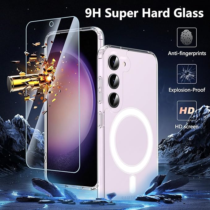 OWKEY for Galaxy S23 Case 6.1'', Magnetic Samsung Galaxy S23 Case for Magsafe with Screen Protector, [Military Grade Protection] Shockproof Phone Cover S23 Case Protective Case for Samsung S23, Clear