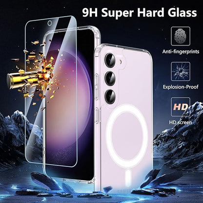 OWKEY for Galaxy S23 Case 6.1'', Magnetic Samsung Galaxy S23 Case for Magsafe with Screen Protector, [Military Grade Protection] Shockproof Phone Cover S23 Case Protective Case for Samsung S23, Clear