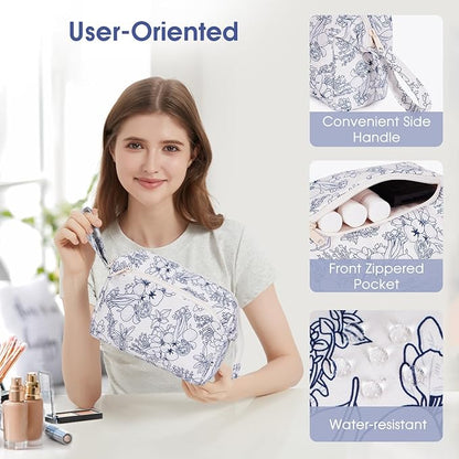 Narwey Women Makeup Bag Wide-open Make up Bag Travel Cosmetic Organizer Toiletry Bag for Cosmetics Toiletries Accessories (Navy Blue Flower)