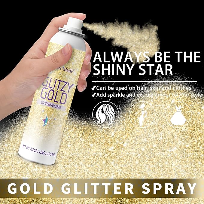 Body Glitte Spray, 150ML Gold Glitter Spray for Hair and Body, Long-Lasting and Quick-Drying Glitter Hairspray for Kids Women, Body Shimmer Festival Rave and Makeup 4.2 Fl Oz