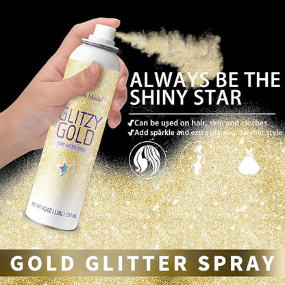 Body Glitte Spray, 150ML Gold Glitter Spray for Hair and Body, Long-Lasting and Quick-Drying Glitter Hairspray for Kids Women, Body Shimmer Festival Rave and Makeup 4.2 Fl Oz