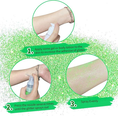 MEICOLY Green Hair Body Glitter Spray for St Patricks Day,Green Hairspray,Fine Glitter for Clothes,Loose Shimmer Spray for Festival Rave,Stage Performance,25g