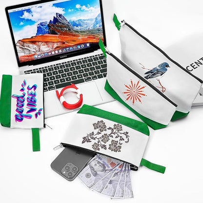 10 Pieces Cotton Canvas Makeup Bag with Bottom and Strap, Multi-Purpose Cosmetic Bag with Zipper Travel Toiletry Pouch, Blank DIY Craft Bag (White&Green, M)