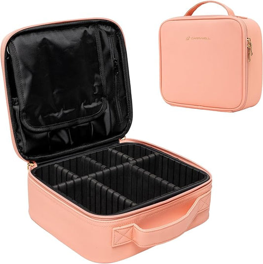 (Not Made In China) 2 Pack, Makeup Train Case, Cosmetic Travel Organizer For Professional Beauty Artist, Portable Storage Bag W/Adjustable Dividers For Jewelry and Brushes (Pink, Small)