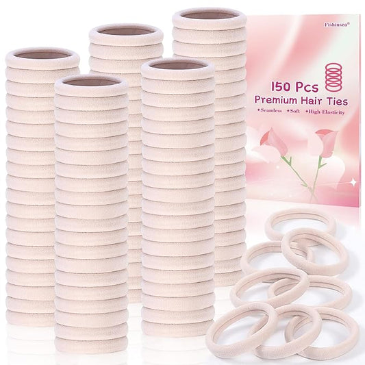 150 Pcs Elastic Hair Ties No Damage for Thick & Thin Hair, Ponytail Holders, Elastics, Soft Pony Tails Bands for Women, Beige