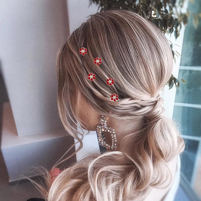 20 Pack (Red) Crystal Flower Hair Pins Rhinestone Hair Clips for Bridal Wedding Women Hair Jewelry Accessories, with Clear Container