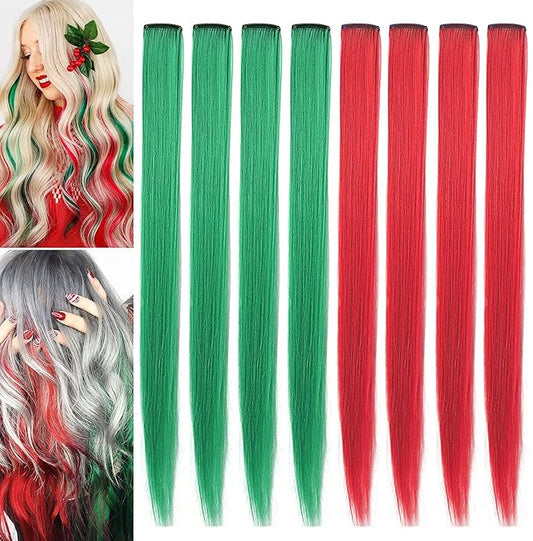 20 Inch Colored Hair Extensions Colored Hair Wig for Girls Straight Fashion Hairpieces Party Highlights 8 PCS (Red Green)