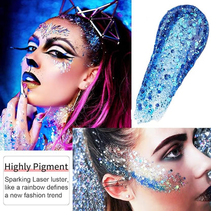 Go Ho Red and Blue Body Glitter Set,Singer Concerts Face Glitter Gel Makeup,Holographic Long Lasting Chunky Sequins Glitters for Eye Lip Hair Nails,Festival Rave Accessories,Blue&Red
