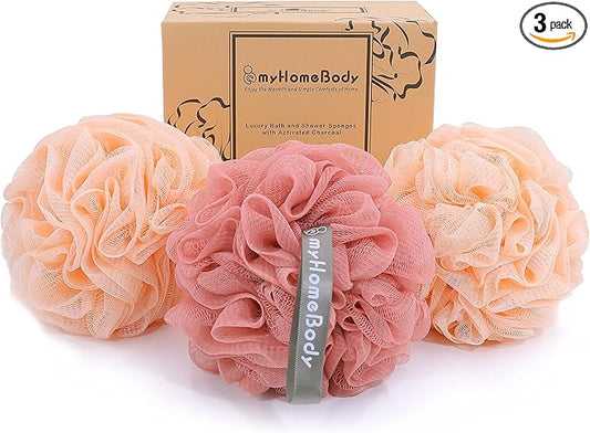 myHomeBody Large 70g Loofah Sponge, Body Scrubber, Bath Sponge, Loofah for Women, Men, Exfoliating Sponge Shower Pouf with Activated Charcoal - 2 Peach + 1 Coral Red, 3 Pack